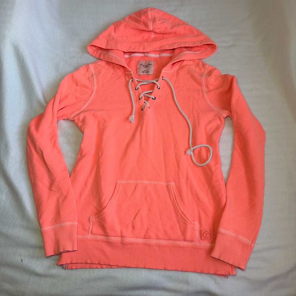American Eagle Neon Coral Pink Lace Up Hoodie Sweatshirt Small